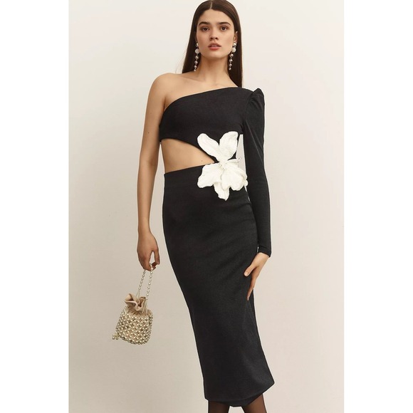 PatBO One Shoulder Floral Appliqué Cutout Midi Dress US 4 Black White Gorgeous🖤 - Picture 13 of 13